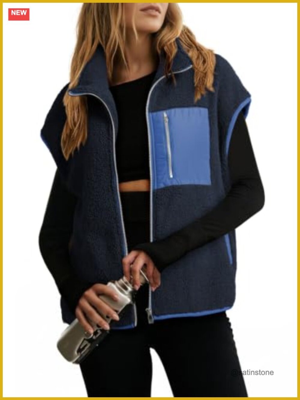 Cozy Sherpa Fleece Zip Up Vest Relaxed Fit Sleeveless Pockets